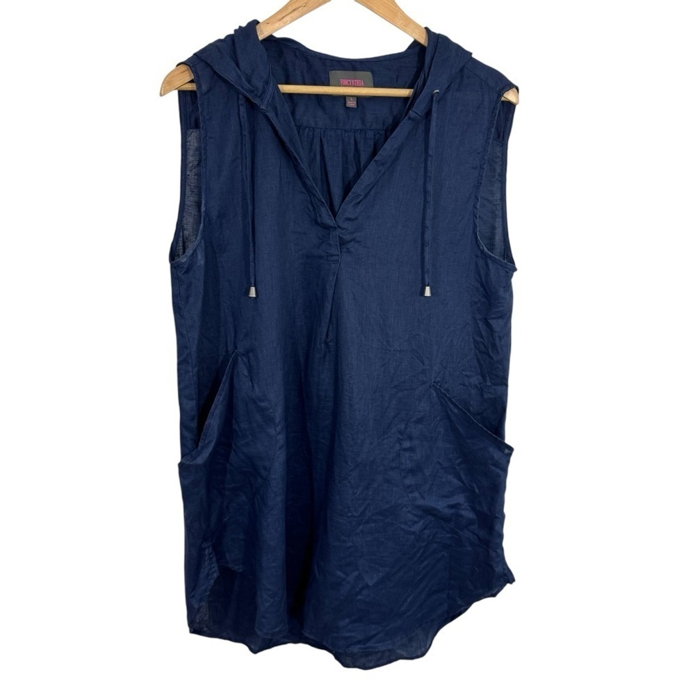 For Cynthia Beachwear 100% Linen Swim Coverup Sz L Navy Blue Hooded Knee Length
